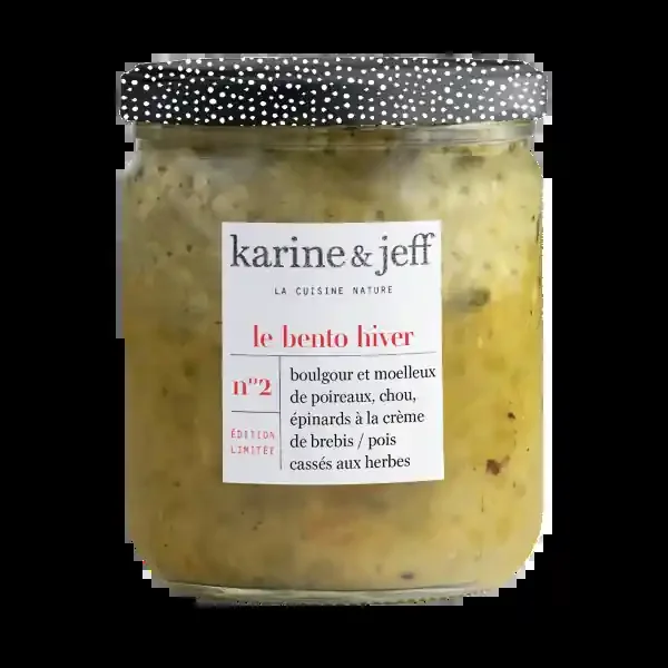 Karine & Jeff — Bento collection hiver printemps – boulgour et moelleux de poireaux, chou, épinards à la crème de brebis, pois cassés aux herbes – 350g